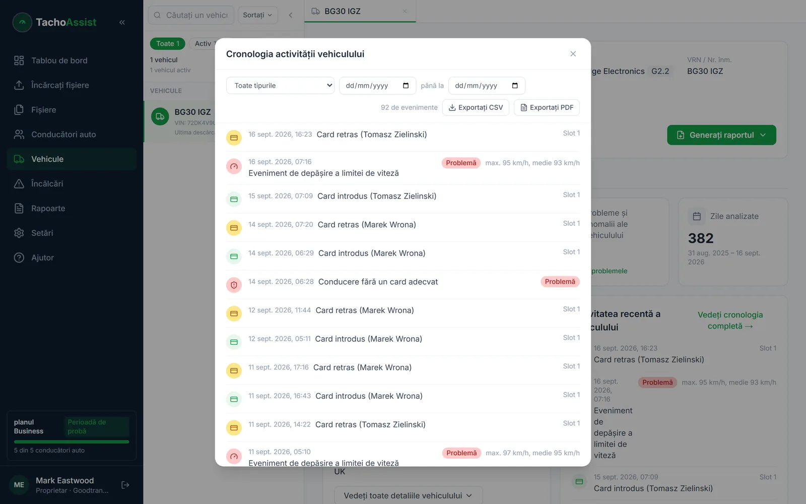 Cronologia evenimentelor și defecțiunilor din tahograful vehiculului, cu introduceri de card și întreruperi de alimentare