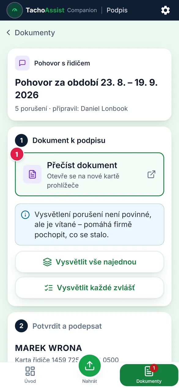 Dokument v telefonu: porušení a pod ním příslušný pokyn.