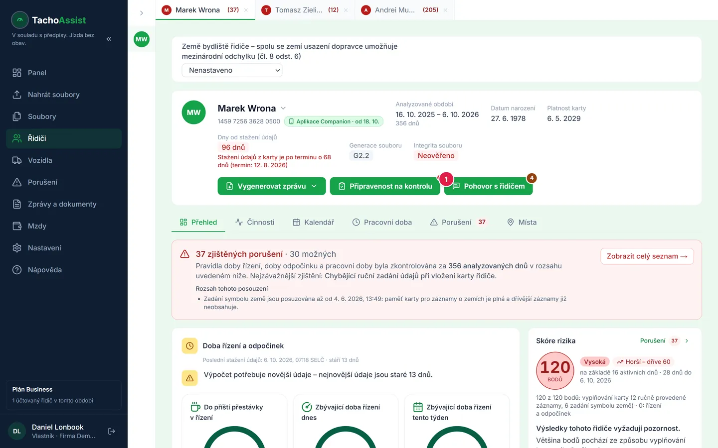 Krok 1: tlačítko „Pohovor s řidičem“ v záhlaví stránky řidiče.