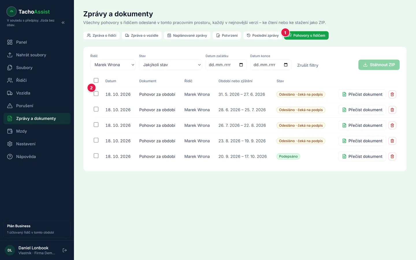 Seznam pohovorů: datum, řidič, období a stav.