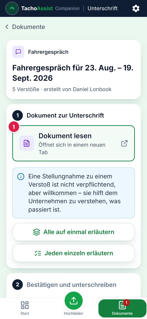 Das Dokument auf dem Handy: der Verstoß und darunter die Anweisung.