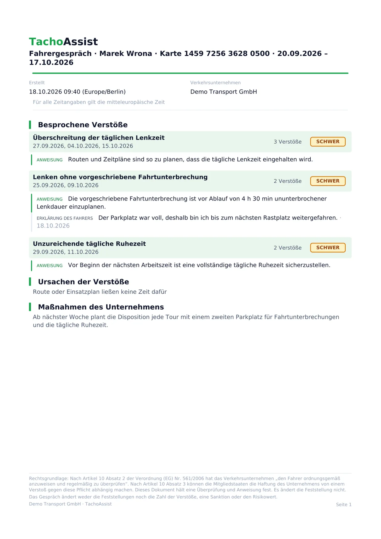 So sieht das fertige Dokument aus: die Anweisungen zu den Verstößen des Zeitraums, die Erklärung des Fahrers und seine Unterschrift in der Companion-App.