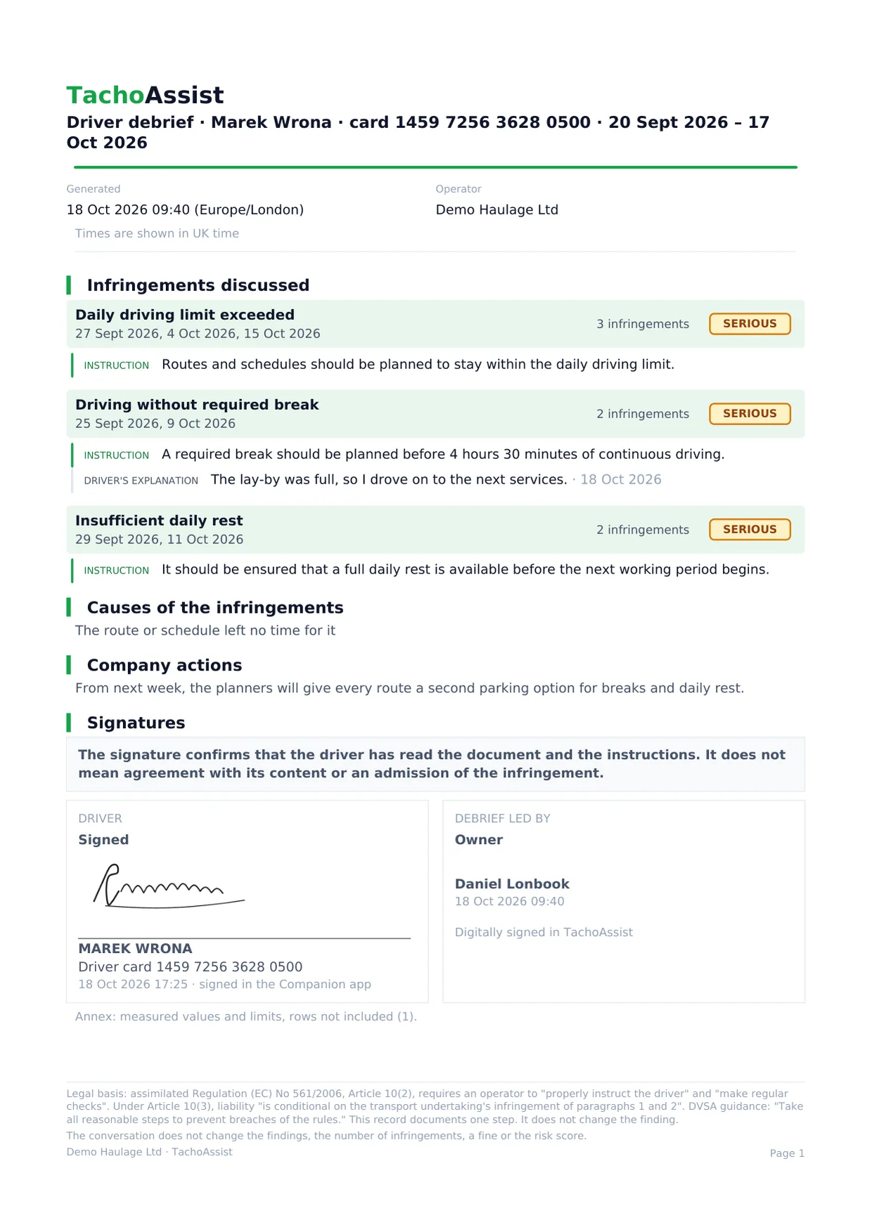 The finished document: the instructions for the period's infringements, the driver's explanation and their signature from the Companion app.