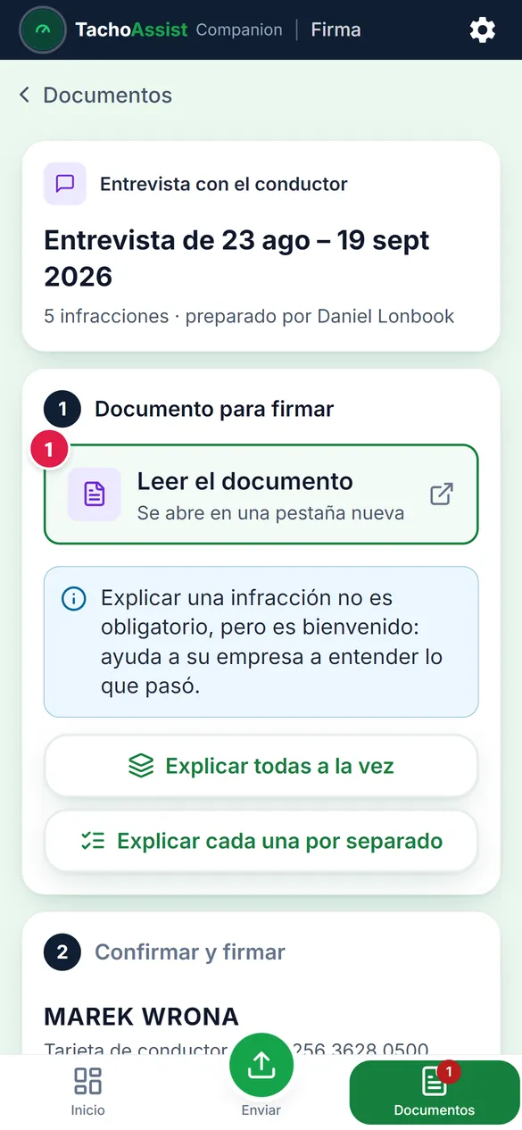 El documento en el teléfono: la infracción y, debajo, la instrucción.