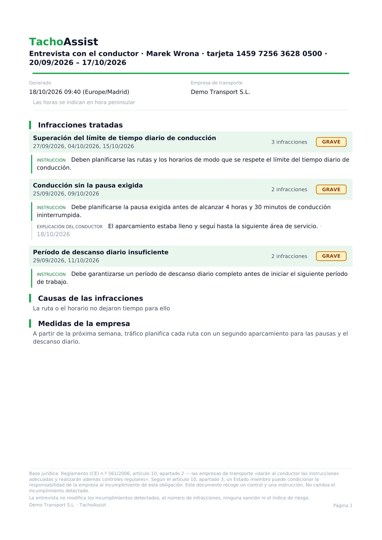 Así es el documento terminado: las instrucciones sobre las infracciones del período, la explicación del conductor y su firma en la aplicación Companion.