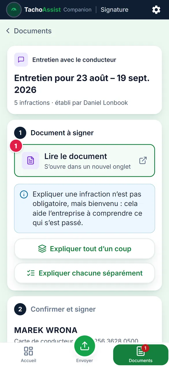 Le document sur le téléphone : l'infraction et, en dessous, la consigne.
