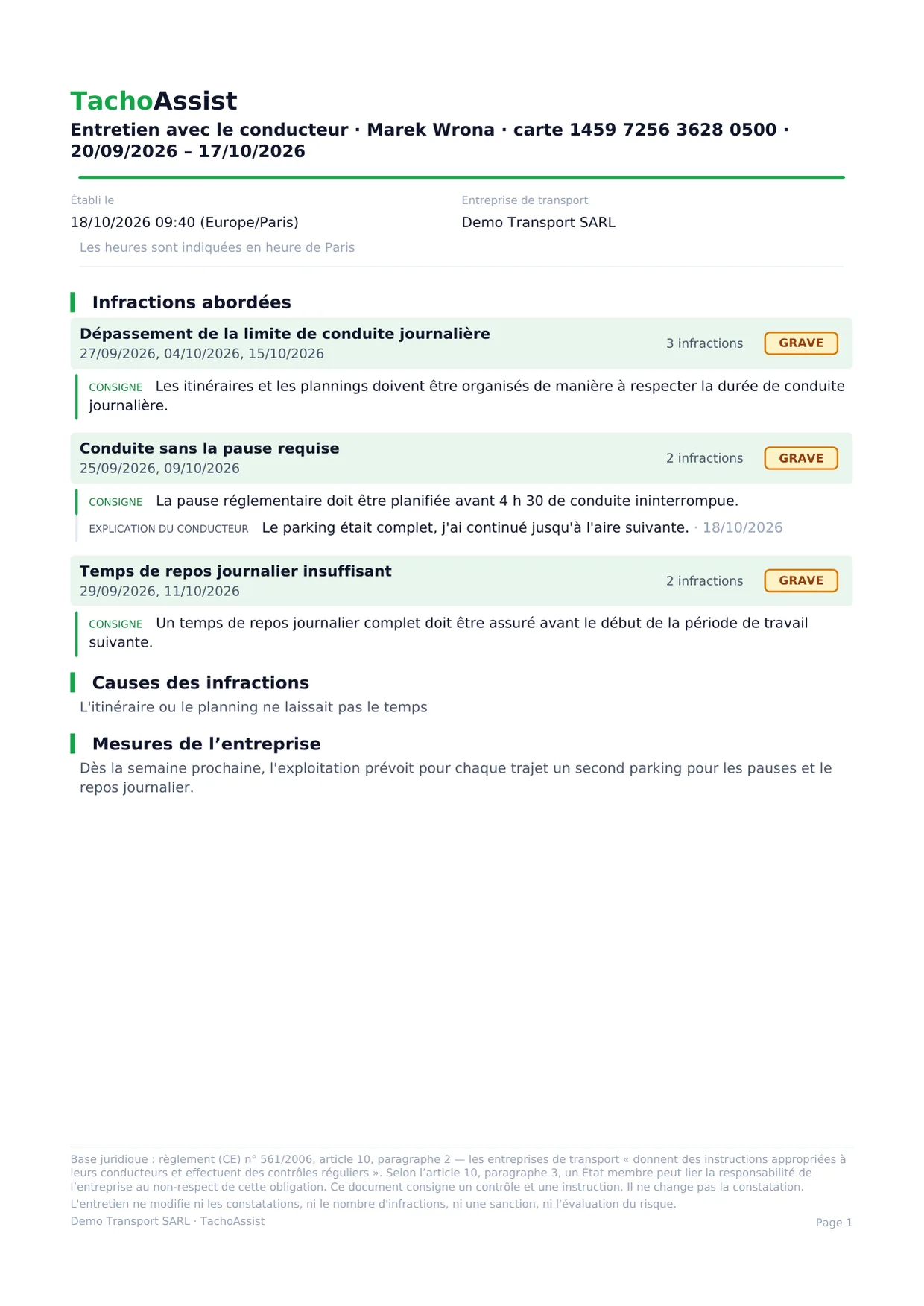Le document terminé : les consignes sur les infractions de la période, l'explication du conducteur et sa signature dans l'application Companion.