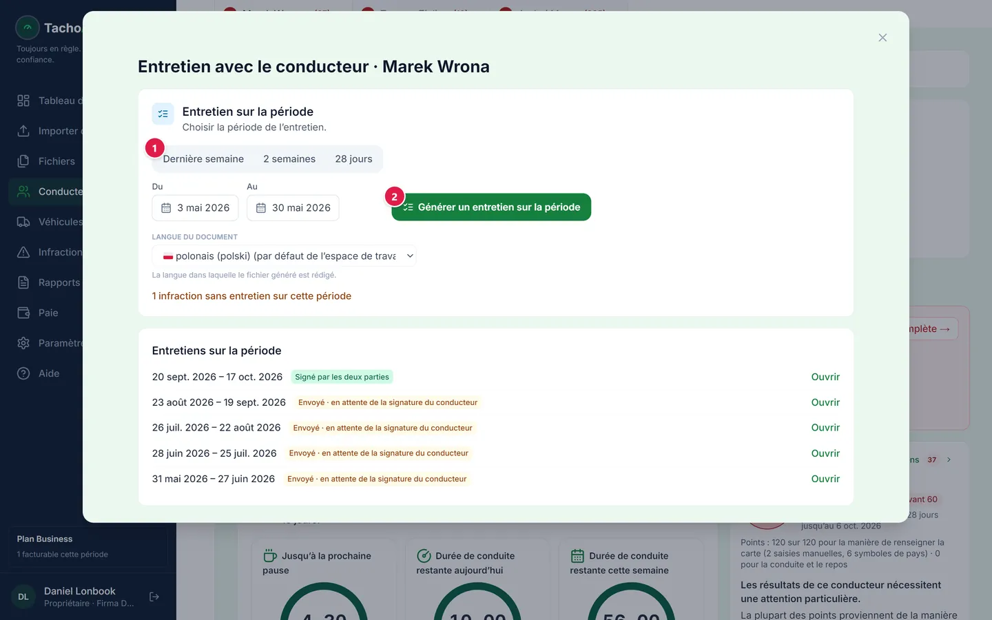 Étape 2 : choisissez la période et vérifiez le nombre d'infractions. Les infractions potentielles sont affichées à part et ne sont pas reprises par défaut.