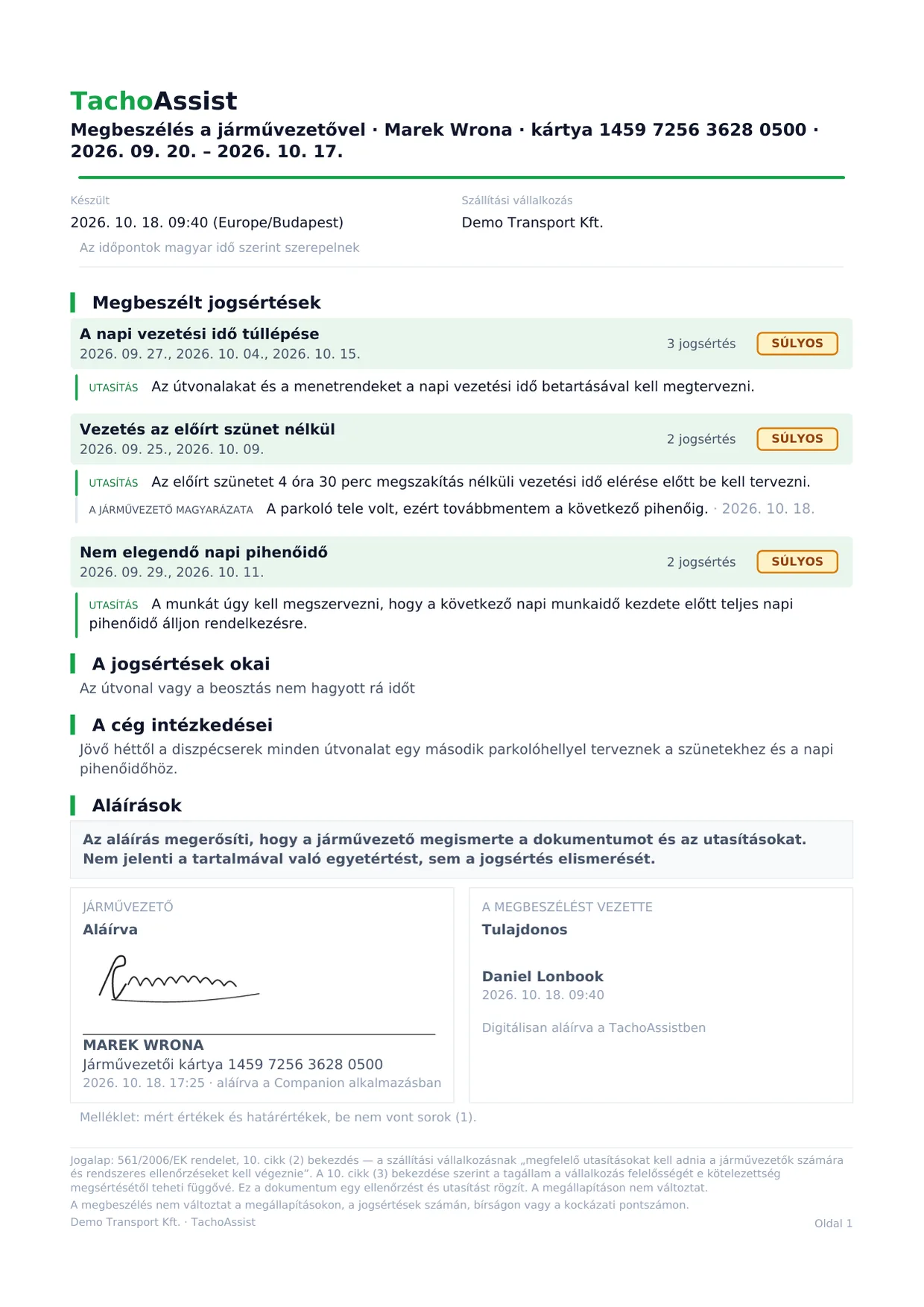 Így néz ki a kész dokumentum: az időszak jogsértéseihez tartozó utasítások, a járművezető magyarázata és az aláírása a Companion alkalmazásban.
