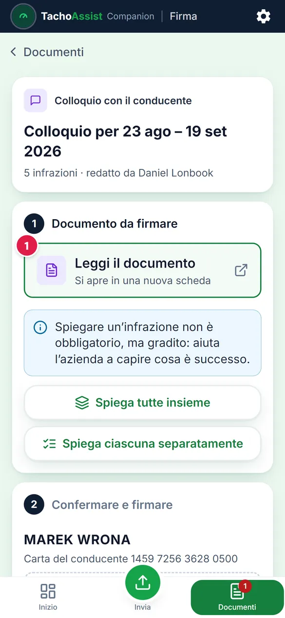 Il documento sul telefono: l'infrazione e, sotto, l'istruzione.