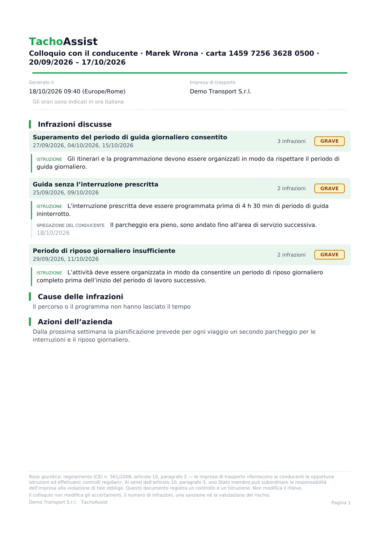 Ecco il documento finito: le istruzioni sulle infrazioni del periodo, la spiegazione del conducente e la sua firma nell'app Companion.