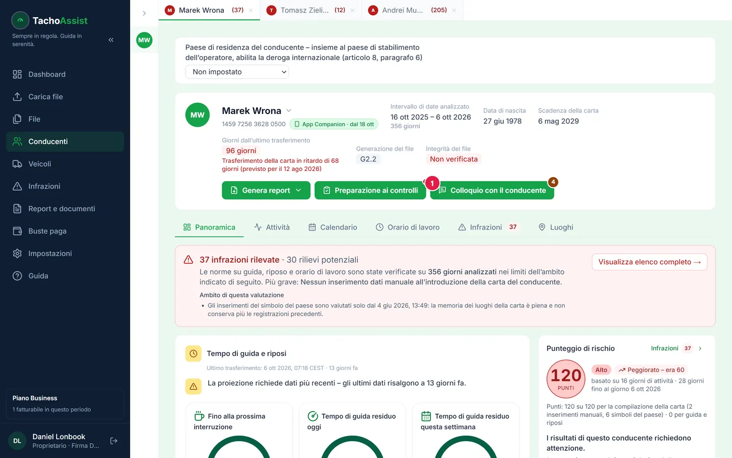 Passo 1: il pulsante «Colloquio con il conducente» nell'intestazione della pagina del conducente.