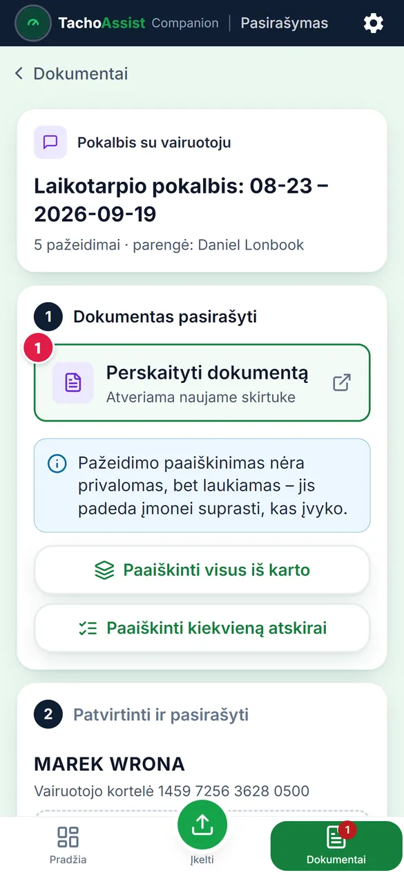 Dokumentas telefone: pažeidimas ir po juo pateiktas nurodymas.
