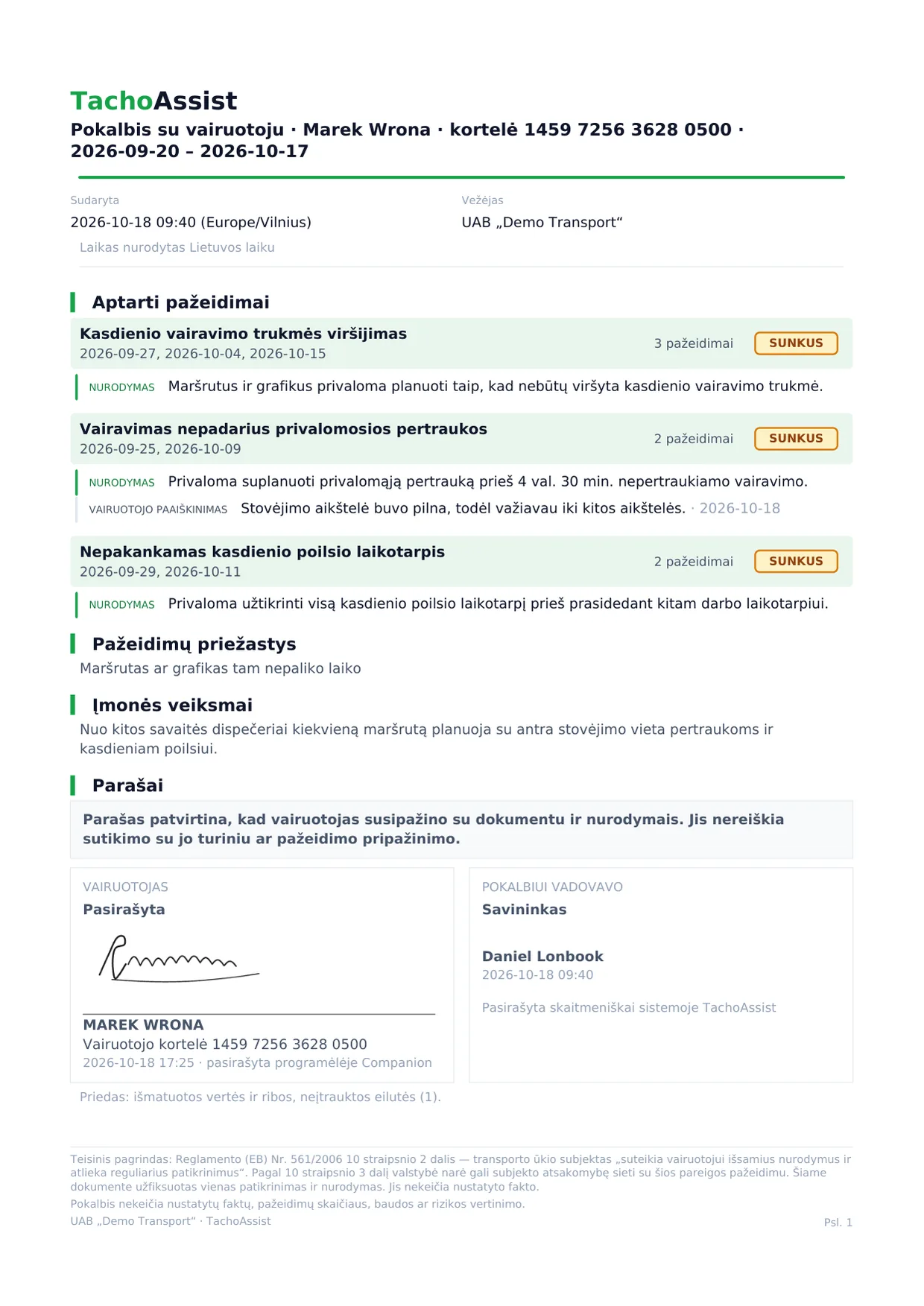 Taip atrodo galutinis dokumentas: nurodymai dėl laikotarpio pažeidimų, vairuotojo paaiškinimas ir jo parašas programėlėje Companion.