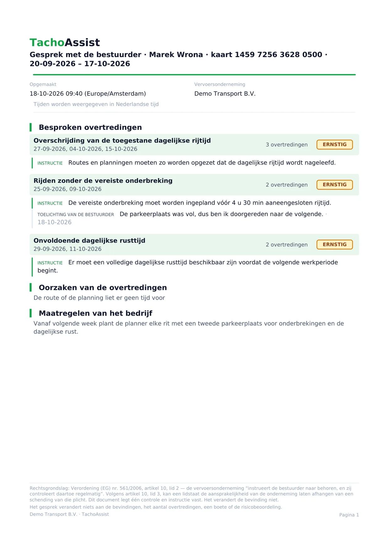 Zo ziet het afgeronde document eruit: de instructies bij de overtredingen uit de periode, de toelichting van de bestuurder en zijn handtekening in de Companion-app.