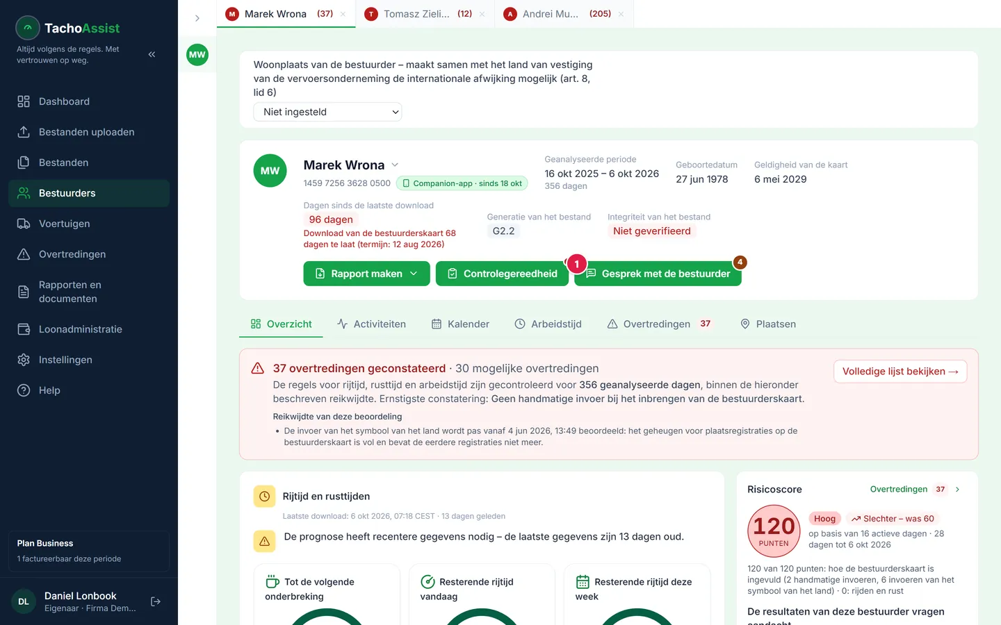 Stap 1: de knop “Gesprek met de bestuurder” in de kop van de bestuurderspagina.