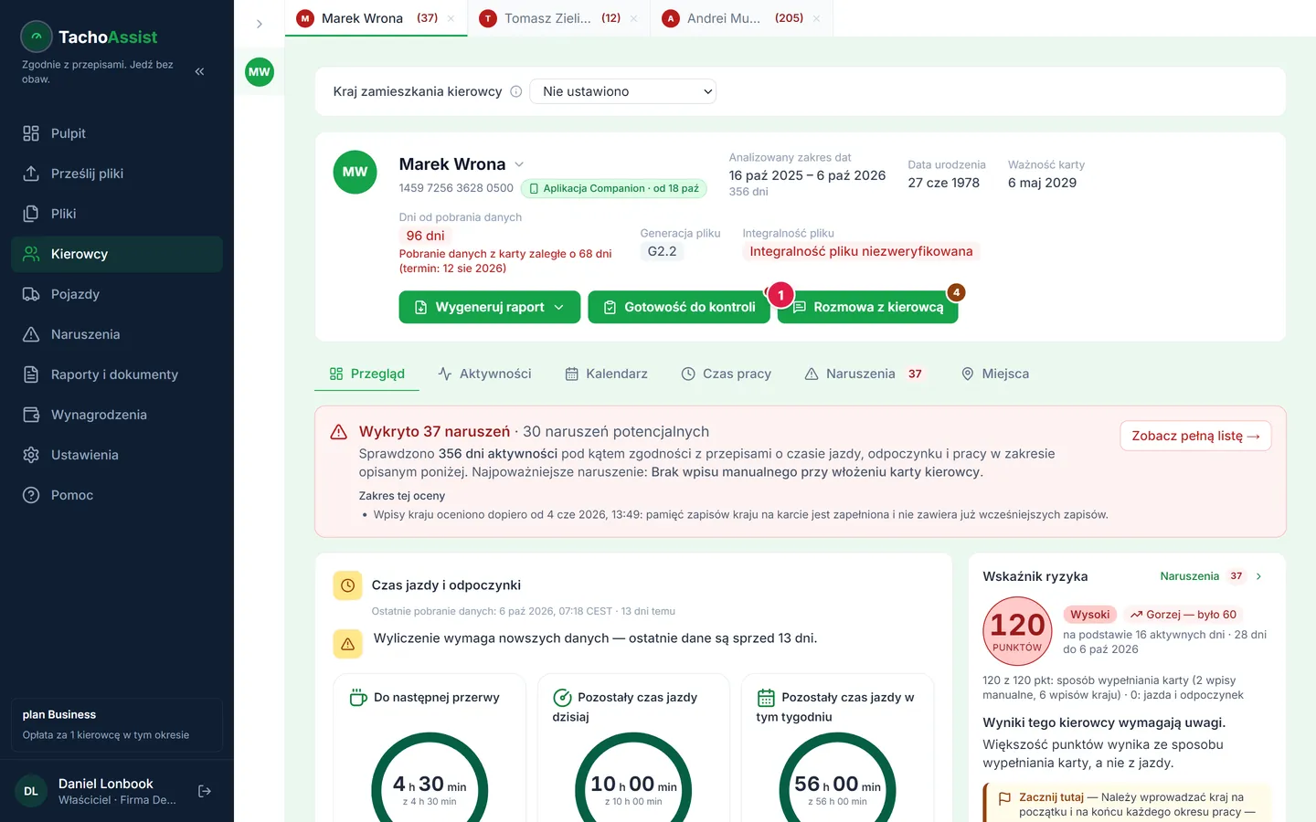 Krok 1: przycisk „Rozmowa z kierowcą” w nagłówku strony kierowcy.