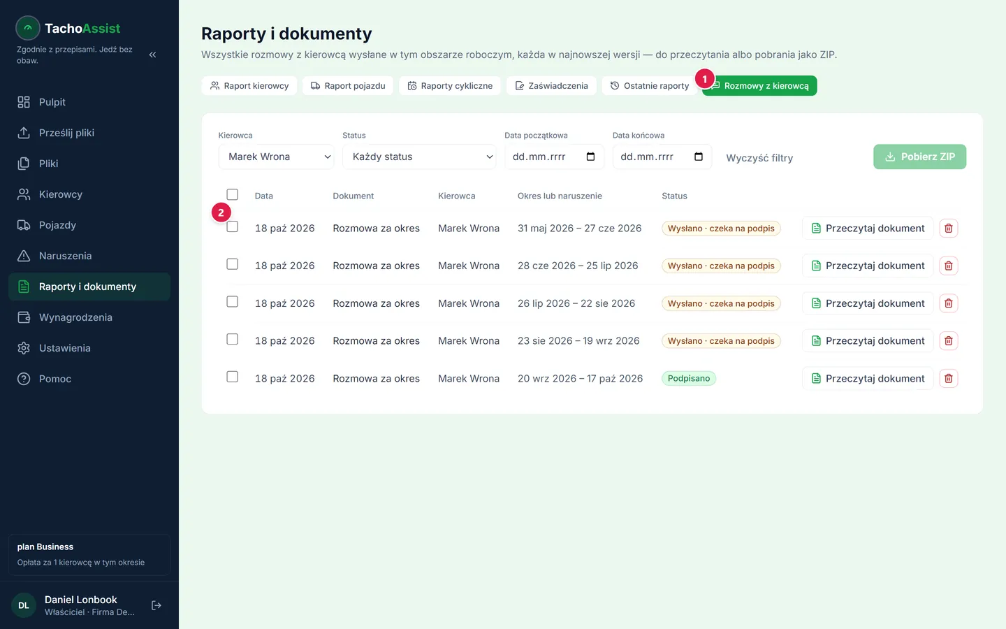 Lista rozmów: data, kierowca, okres i status.