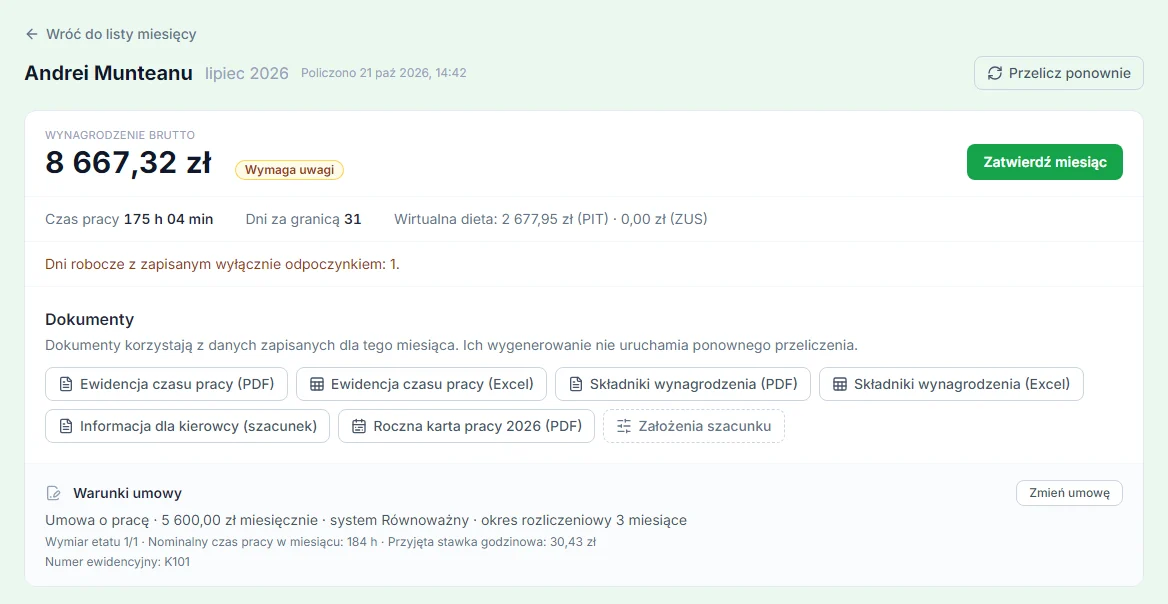 Miesiąc kierowcy w module Wynagrodzenia: wynagrodzenie brutto, czas pracy, dni za granicą, wirtualna dieta i dokumenty do pobrania