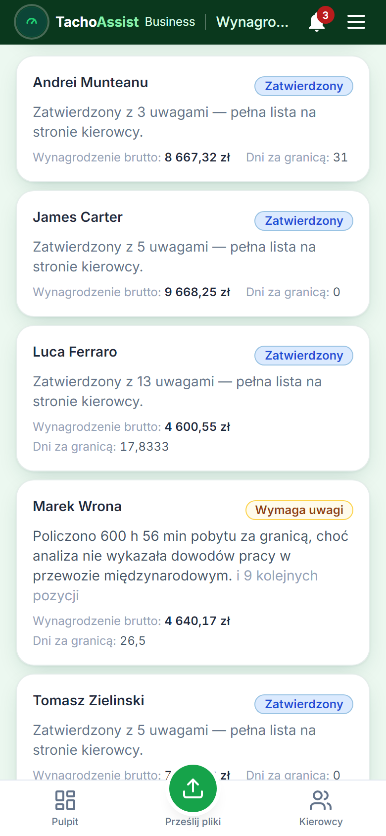 Ta sama lista kierowców w module Wynagrodzenia na telefonie