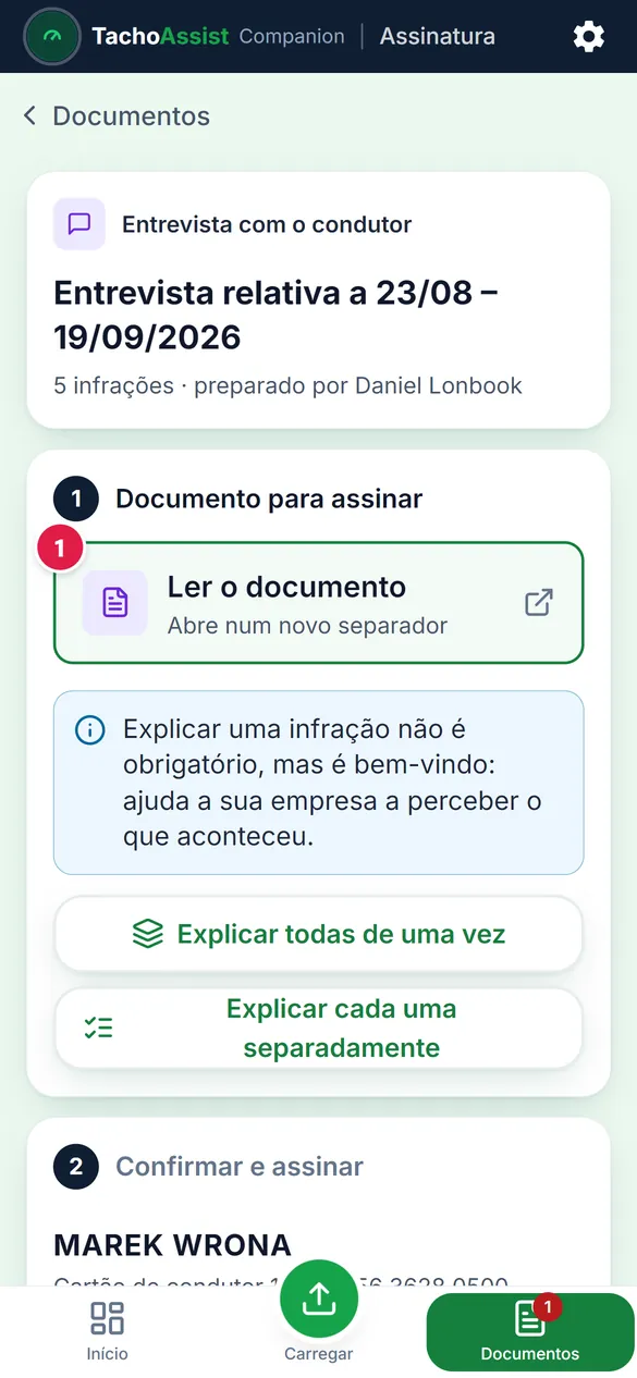 O documento no telemóvel: uma infração com a respetiva instrução por baixo.