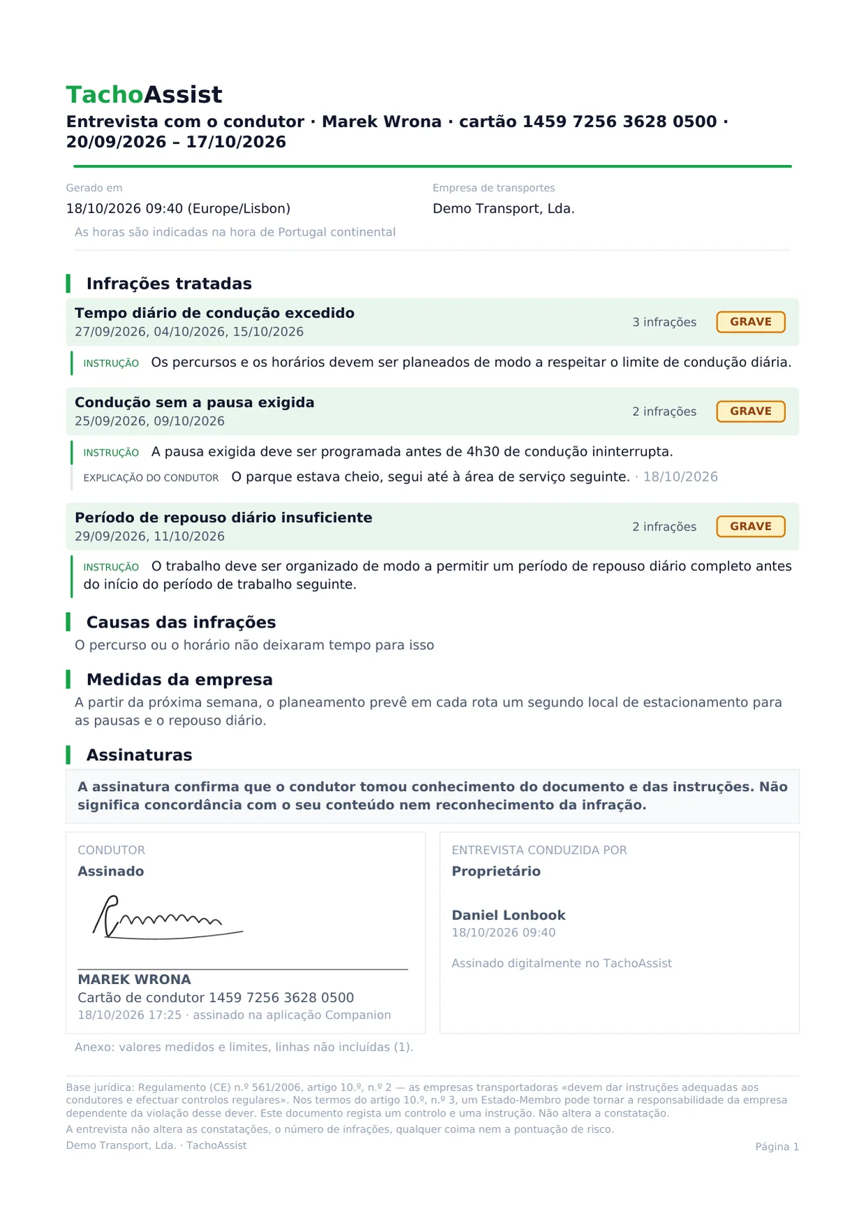Assim fica o documento final: as instruções sobre as infrações do período, a explicação do condutor e a assinatura dele na aplicação Companion.