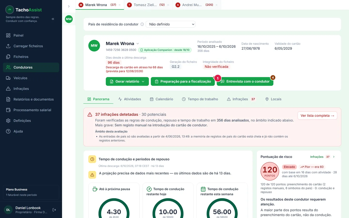 Passo 1: o botão «Entrevista com o condutor» no cabeçalho da página do condutor.