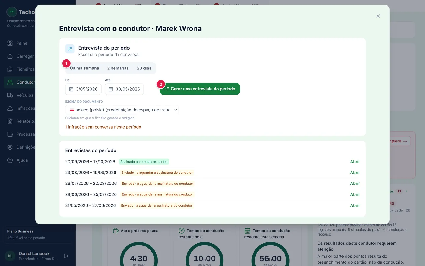 Passo 2: escolha o período e confira o número de infrações. As infrações potenciais aparecem à parte e, por predefinição, ficam fora do documento.