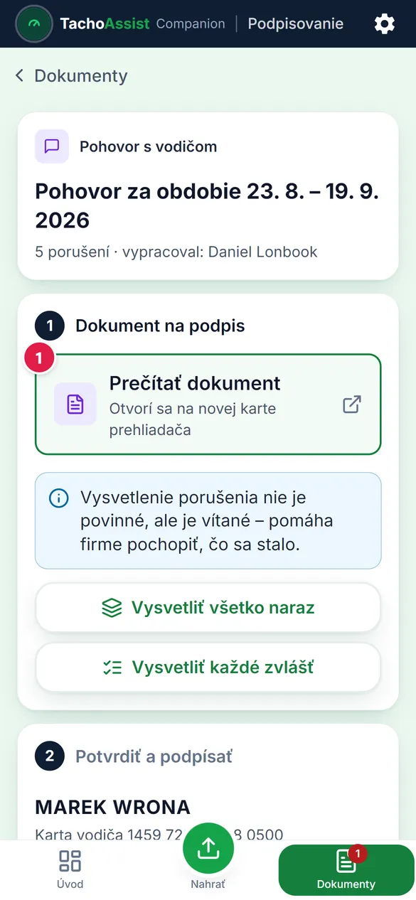 Dokument v telefóne: porušenie a pod ním príslušný pokyn.