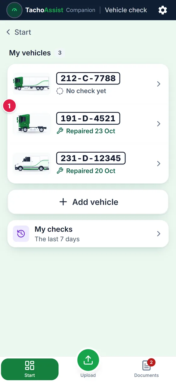 My vehicles in the Companion app: each registration with the result of its last check.