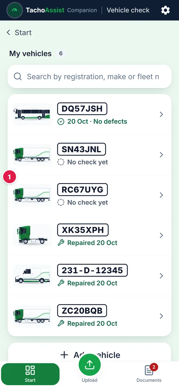 My vehicles in the Companion app: each registration with the result of its last check.