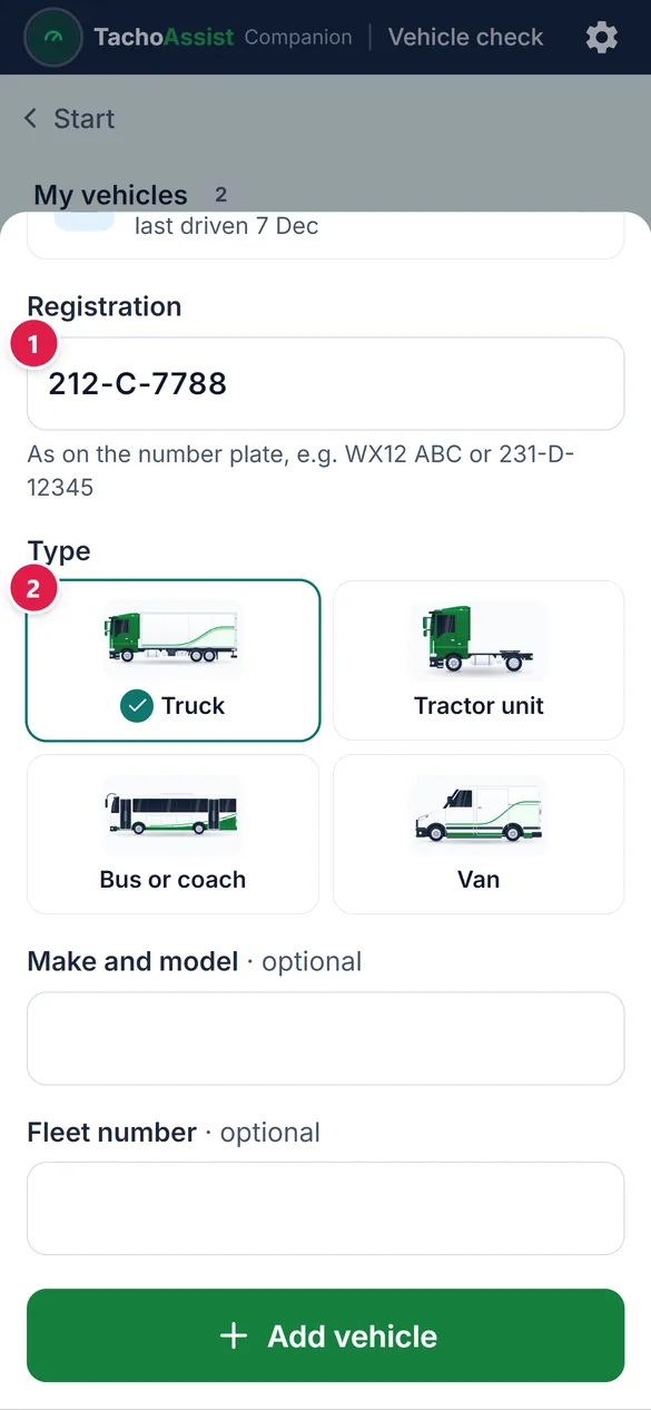 Adding a vehicle: the registration and one of four types, truck, tractor unit, bus or coach, or van.