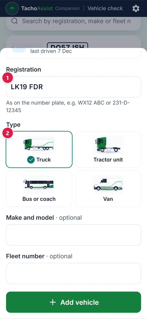 Adding a vehicle: the registration and one of four types, truck, tractor unit, bus or coach, or van.