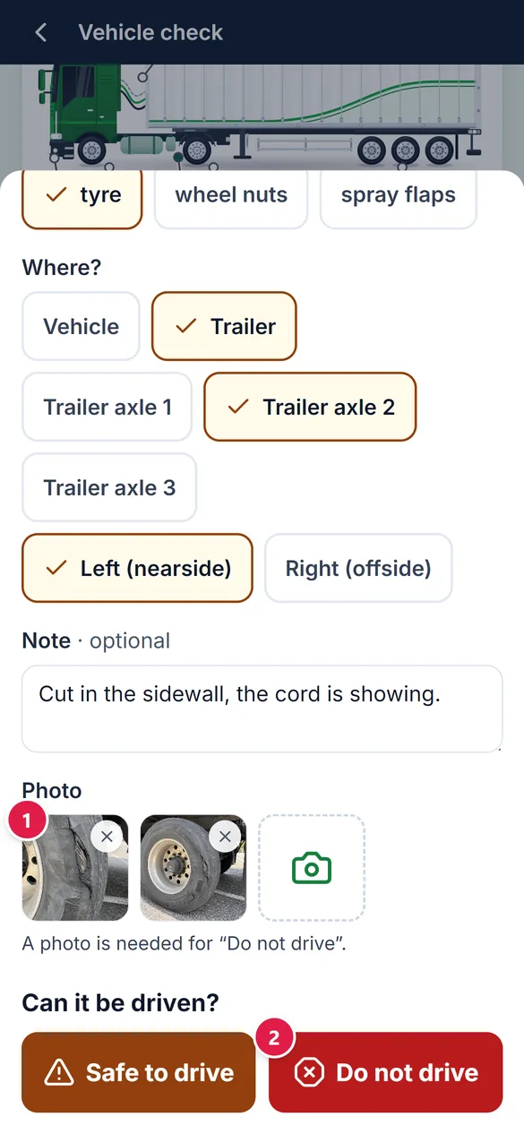 Two photos of the cut tyre, then the question Can it be driven? with Safe to drive and Do not drive.