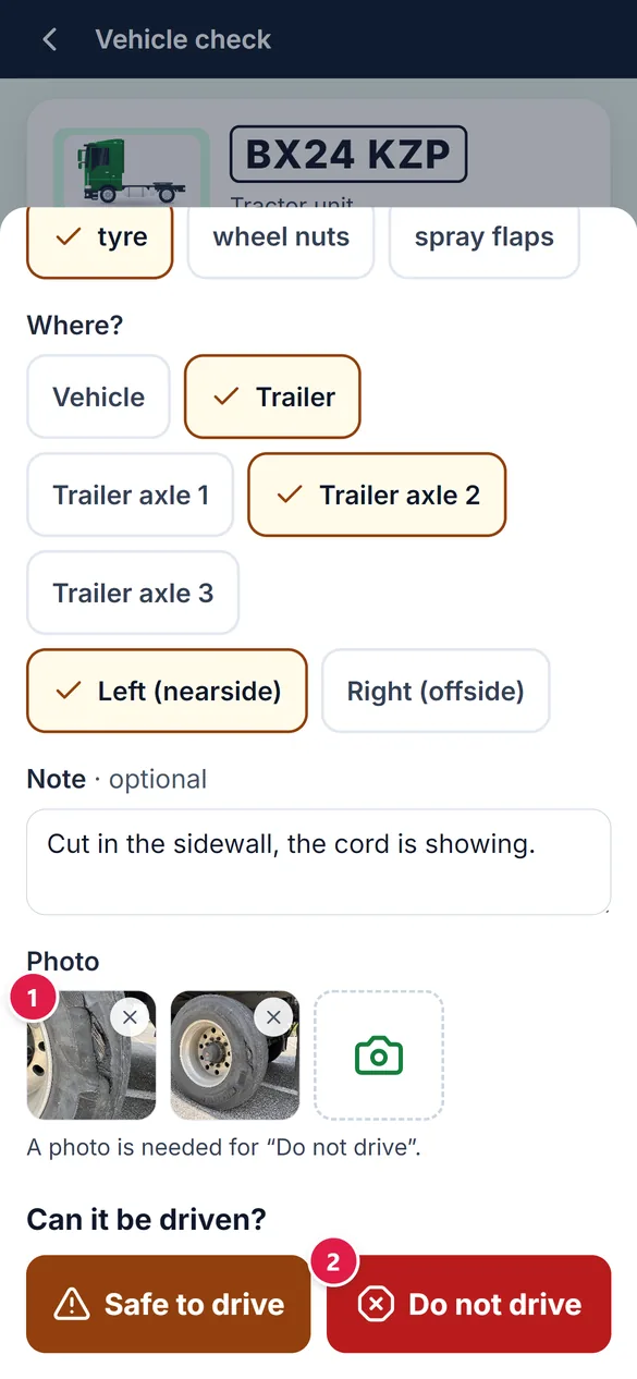 Two photos of the cut tyre, then the question Can it be driven? with Safe to drive and Do not drive.