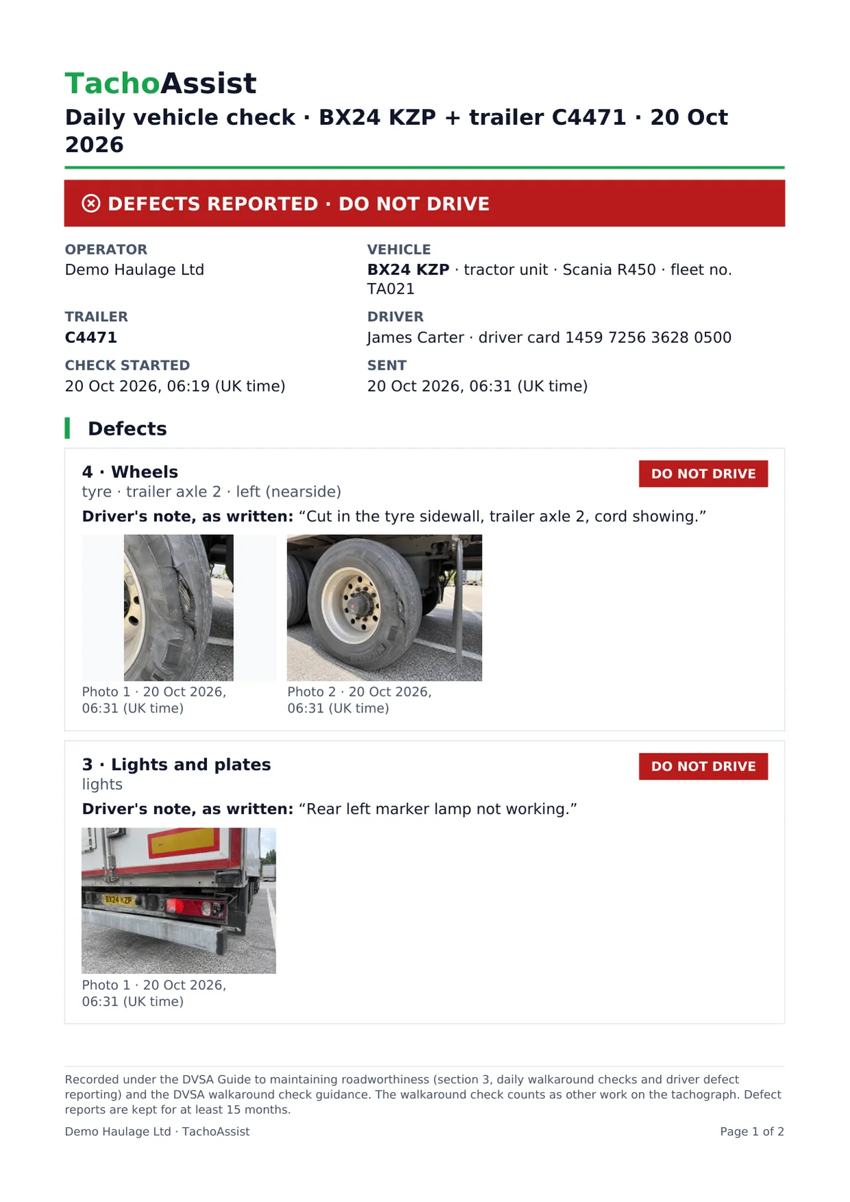Sample defect report marked Do not drive: a cut trailer tyre with the driver's two photos and a rear marker lamp not working, with its photo, both marked Do not drive; the acknowledgement and the repair record follow on page 2.