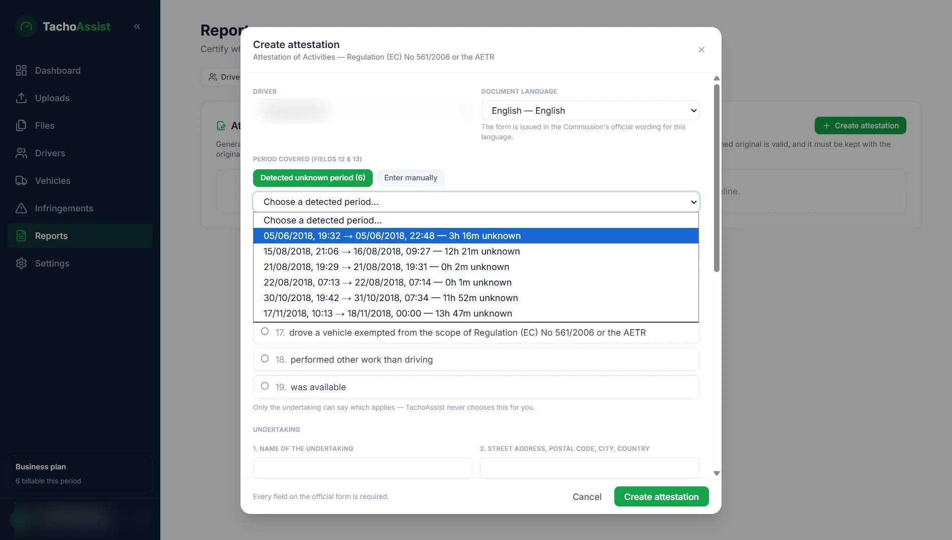 Generator potrdil o dejavnostih v TachoAssist